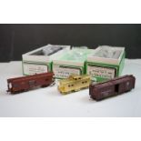 Three boxed Overland Models HO gauge brass items of rolling stock to include PRR X-28a Boxcar (