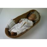 Original Sasha baby doll in basket, grubby but in order overall, needs a clean