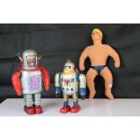 Two tinplate clockwork toys, one in the design of a robot and the other an astronaut, plus a