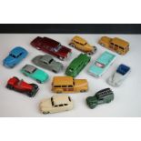 13 Mid 20th C Dinky play worn diecast models to include Vanguard x 2, Chrysler, Armstrong