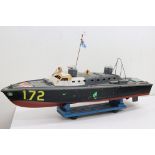 Scratch built wooden model boat, painted and on stand, showing wear