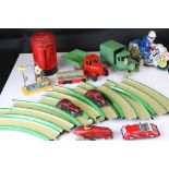 Group of tin plate toys and models to include Burnett Post Box moneybank, Triang Minic truck (af),