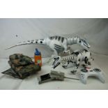 Playworn WowWee remote controlled Roboraptor and Micro Roboraptor (missing one controller), plus Hen