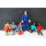 Five playworn Mego action figures to include Batman, Robin, Batman, Superman and Uhura, grubby