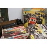 Large quantity of Scalextric to include 6 x slot cars, various track, controllers etc contained