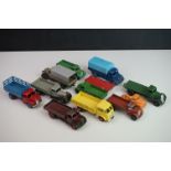 11 Early-mid 20th C play worn Dinky diecast models to include 30J Austin, Dodge, Dublo Flatbed Truck