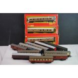 Three boxed Triang Hornby OO gauge coaches (tatty boxes) plus 10 x items of OO gauge rolling stock