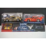 Five cased / boxed slots cars to include 3 x Flyslot (705101 Lola Y70 mk3B, 702103 Doran JE4 24H