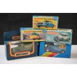 Five boxed Matchbox diecast models to include 2 x Superfast (25 Ford Cortina GT, 38 Honda Motorcycle