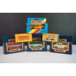 Six boxed Matchbox diecast models to include 66 Greyhound Bus, MB-31 Rolls Royce Silver Cloud II,