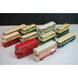 Ten play worn Dinky diecast buses to include FRench Autobus Parisien Somua Panhard, 4 x 290