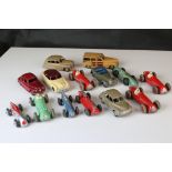 12 Mid 20th C play worn Dinky diecast models to include 8 x racing cars, Rover 75, Vanguard etc