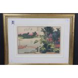 Katsushika Hokusai 1760-1849 a signed two part Japanese woodblock scene on the banks of the Sumida
