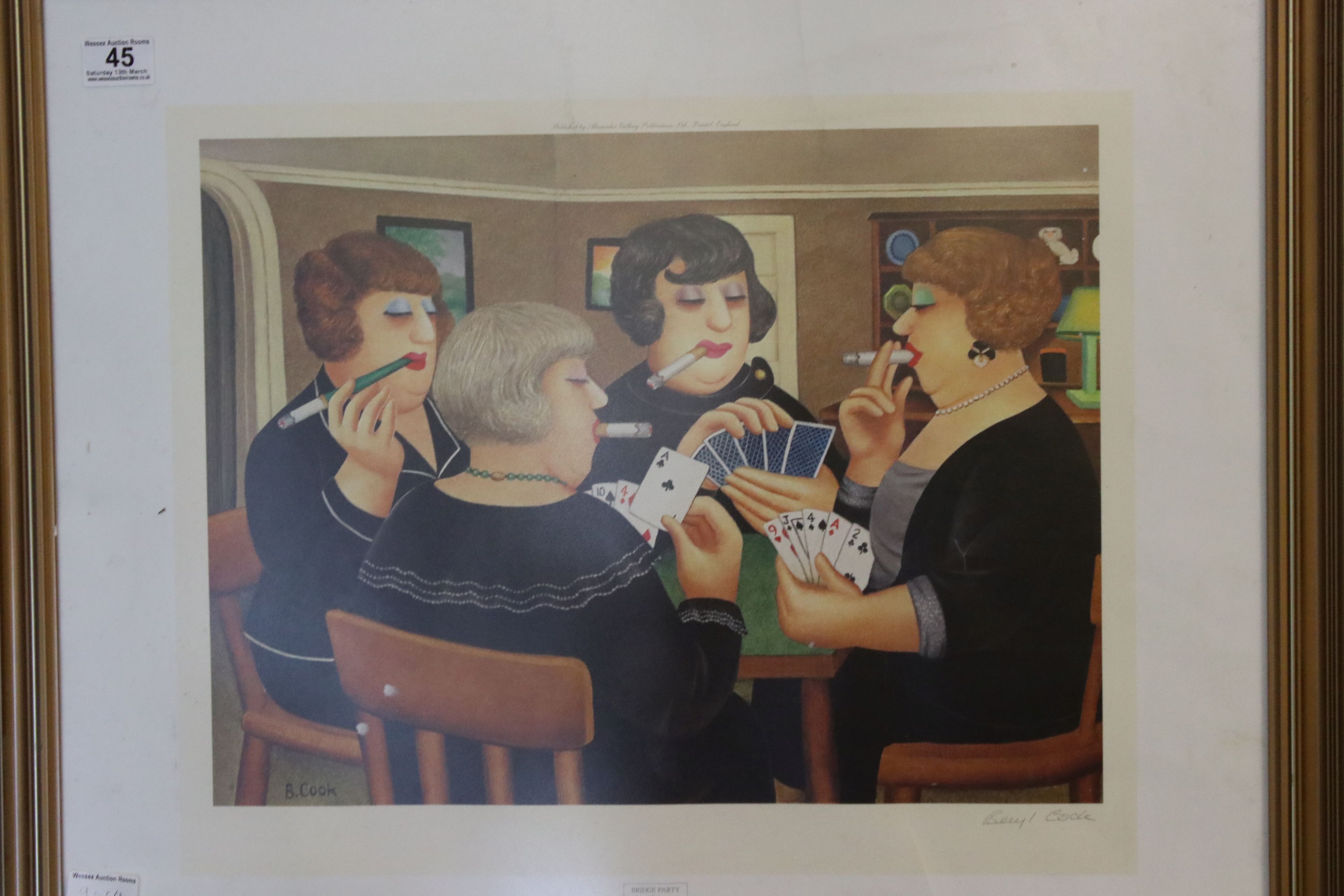 A framed and glazed limited edition print by Beryl Cook women playing cards signed in pencil. - Image 2 of 7