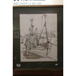 D B Selby, Pen and Ink Drawing of a Fishing Boat ' Wanderer ' in harbour, 50cms x 39cms, framed