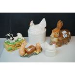 A group of Kitchenalia Ceramics to include a Rabbit Tureen, a cow butter dish chicken egg holder and