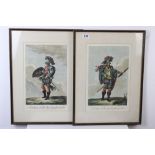 A pair of framed antique continental coloured engravings of 18th century Cavalier in costume.