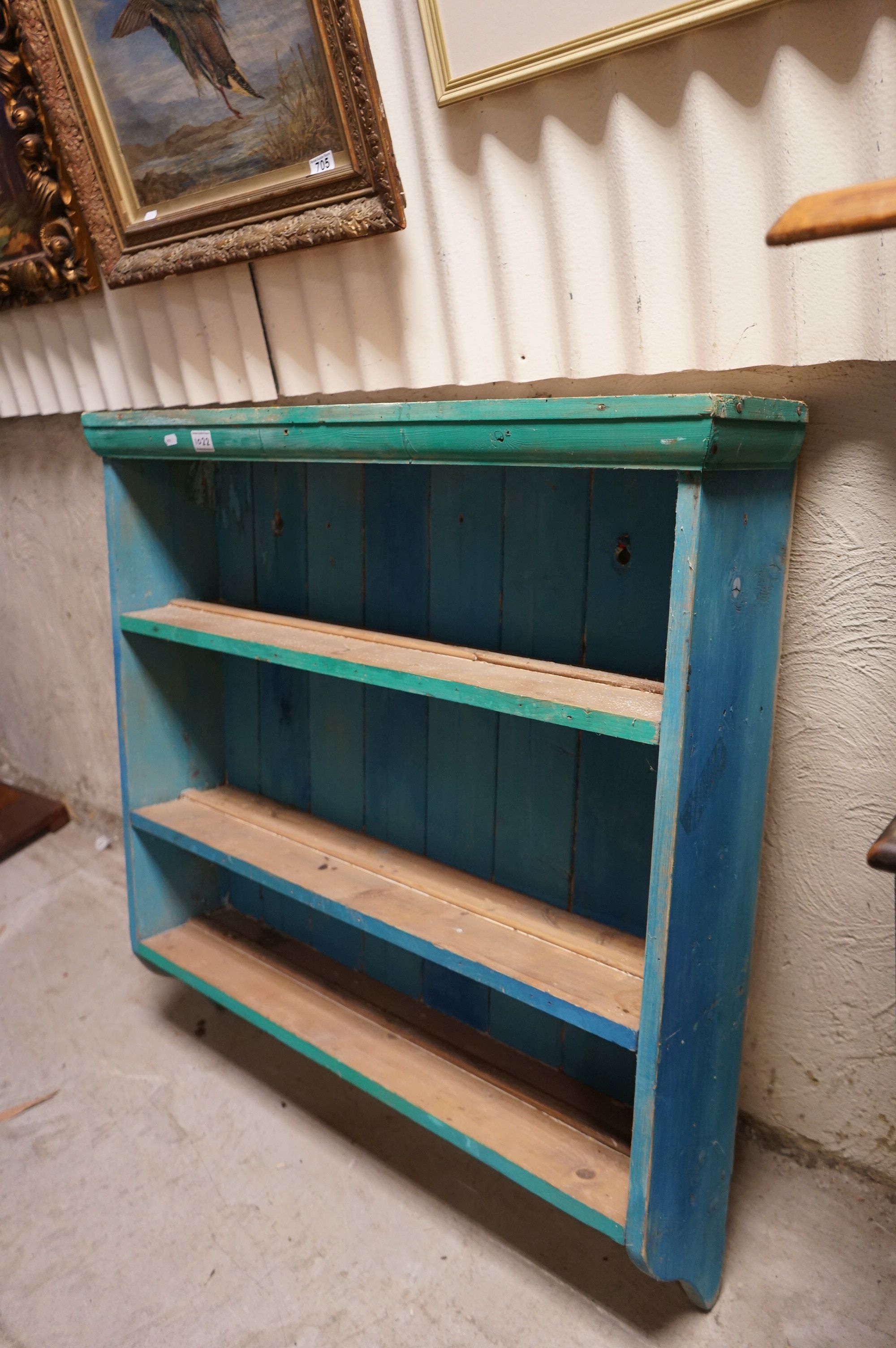 Part Painted Pine Hanging Shelf, the bottom shelf with crockery hooks, 94cms high x 96cms wide - Image 3 of 4