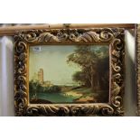 A 19th century style Grand Tour print figures in a Continental setting mounting in a gilt frame 30 x