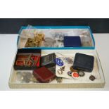 A box of mixed collectables to include military interest , lot includes medals, badges, buttons