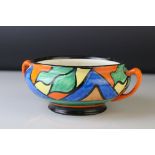 Clarice Cliff ' Bizarre ' Double V pattern Twin handled bowl, 17cms diameter