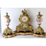 19th C French clock & garniture set with decorative porcelain panels, clock height on stand 46cm