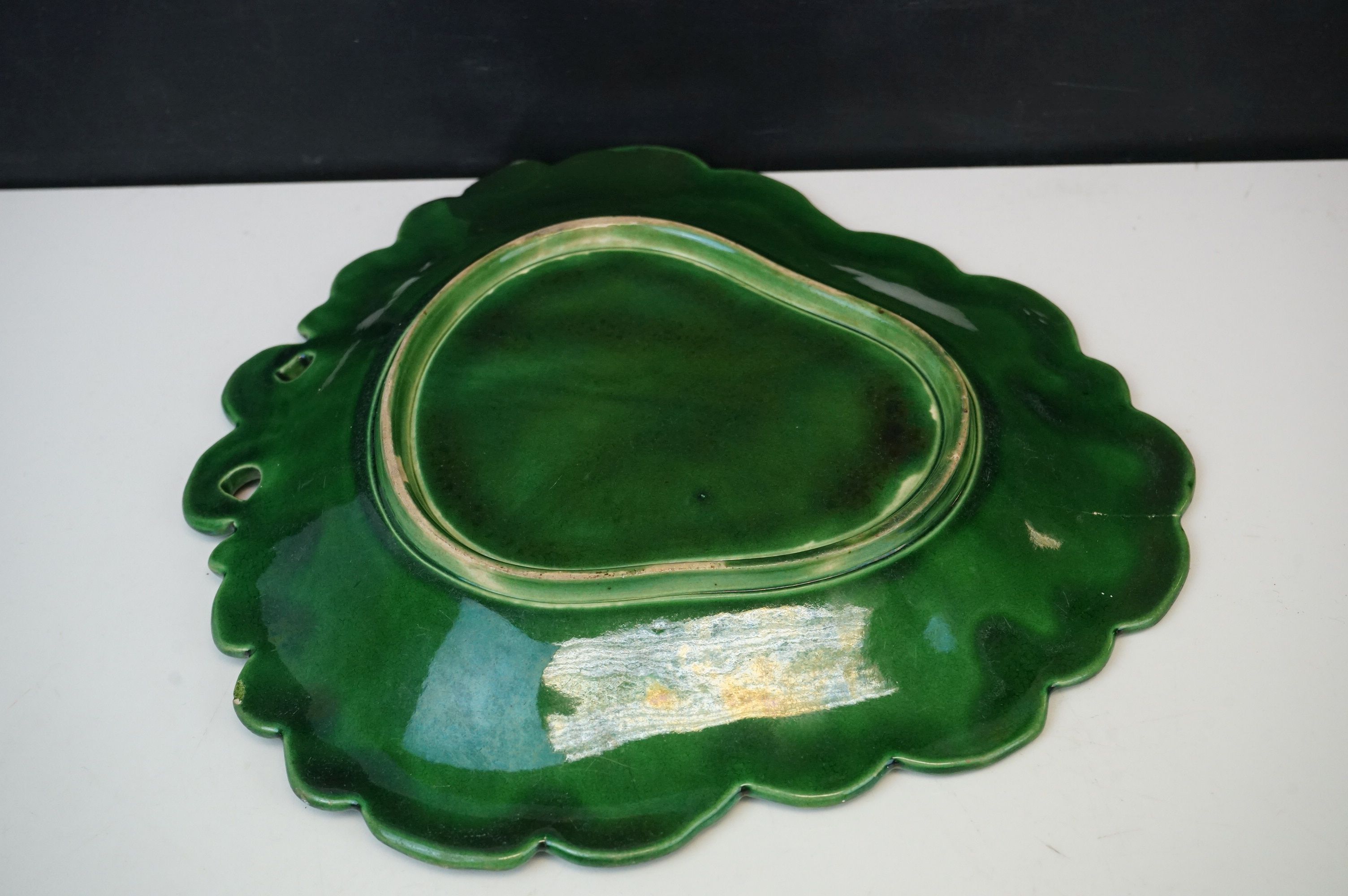 A cut glass fruit bowl an antique green leaf plate together with an etched glass bottle with - Image 11 of 14