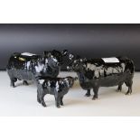 A group of three Beswick Aberdeen Angus cows to include two adults marked in gold Approved By The