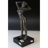 Bronze Effect Nude Female Figure on Wooden Plinth Base, 34cms high