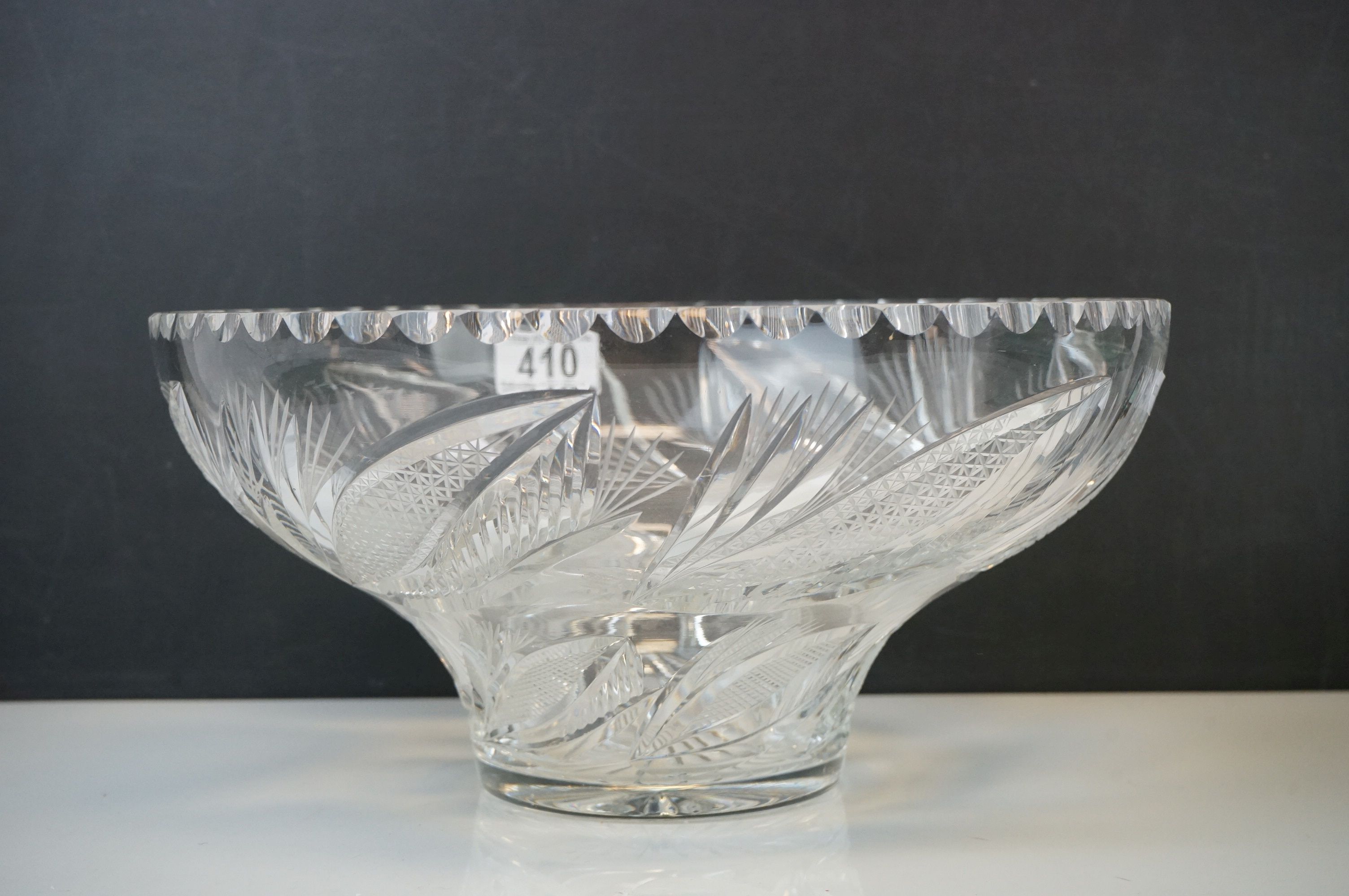 A cut glass fruit bowl an antique green leaf plate together with an etched glass bottle with - Image 7 of 14