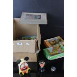 Vintage toys and games to include jigsaws, playing cards, Mickey Mouse wind up