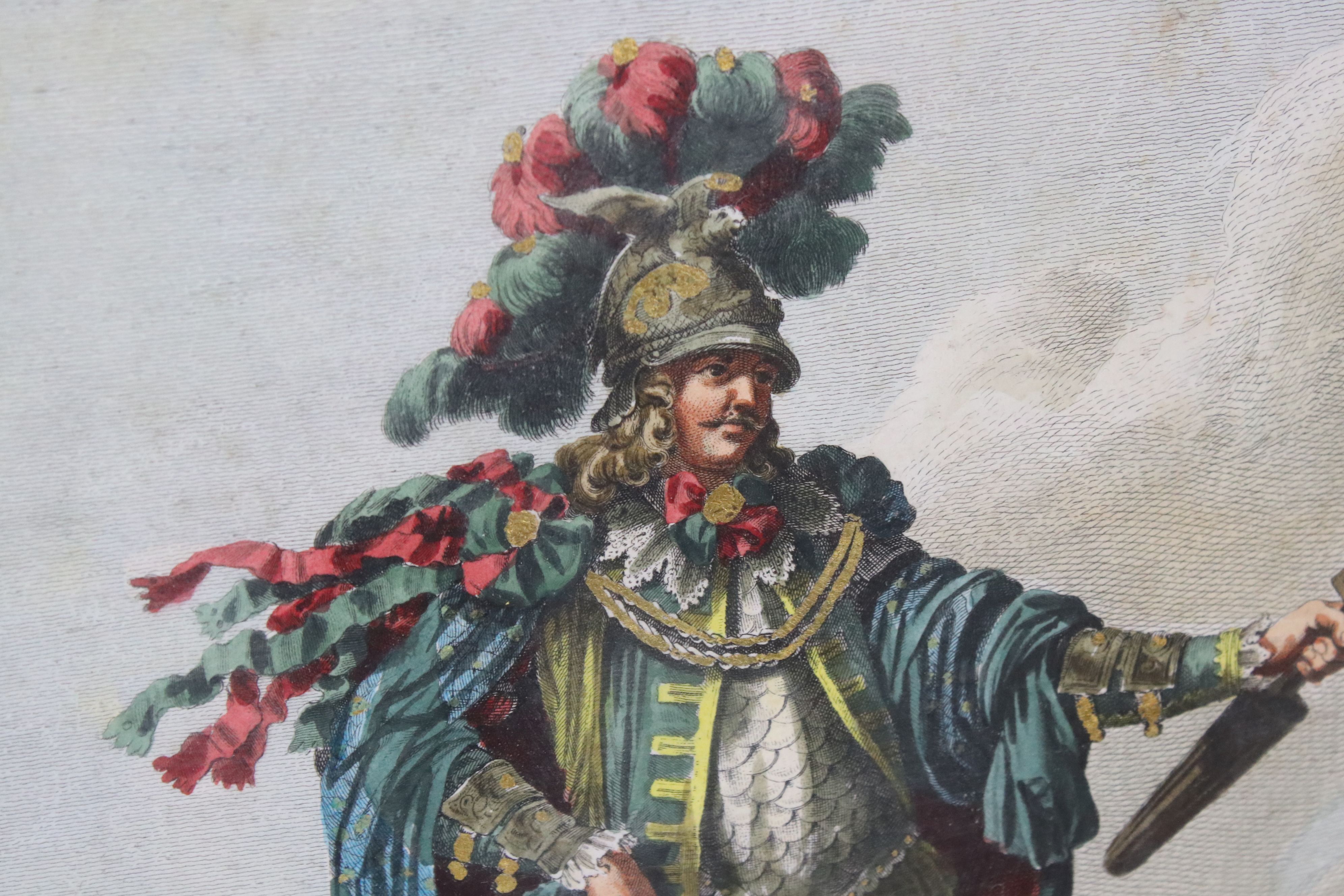 A pair of framed antique continental coloured engravings of 18th century Cavalier in costume. - Image 4 of 5