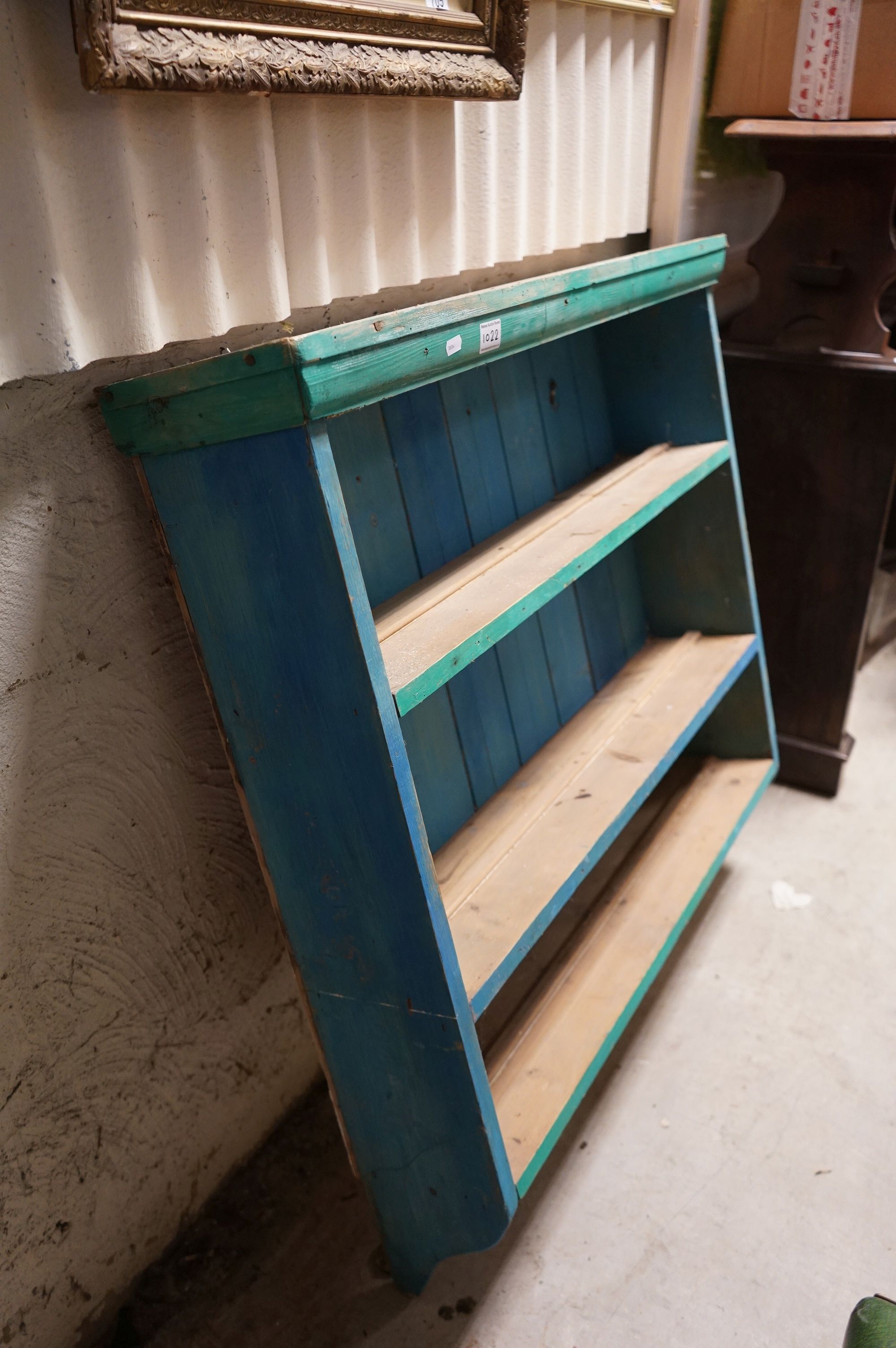 Part Painted Pine Hanging Shelf, the bottom shelf with crockery hooks, 94cms high x 96cms wide - Image 2 of 4