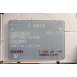 Original Ship's Deck Sign from RMS Orion (1935 - 1963) showing E Deck and arrows pointing to Ironing