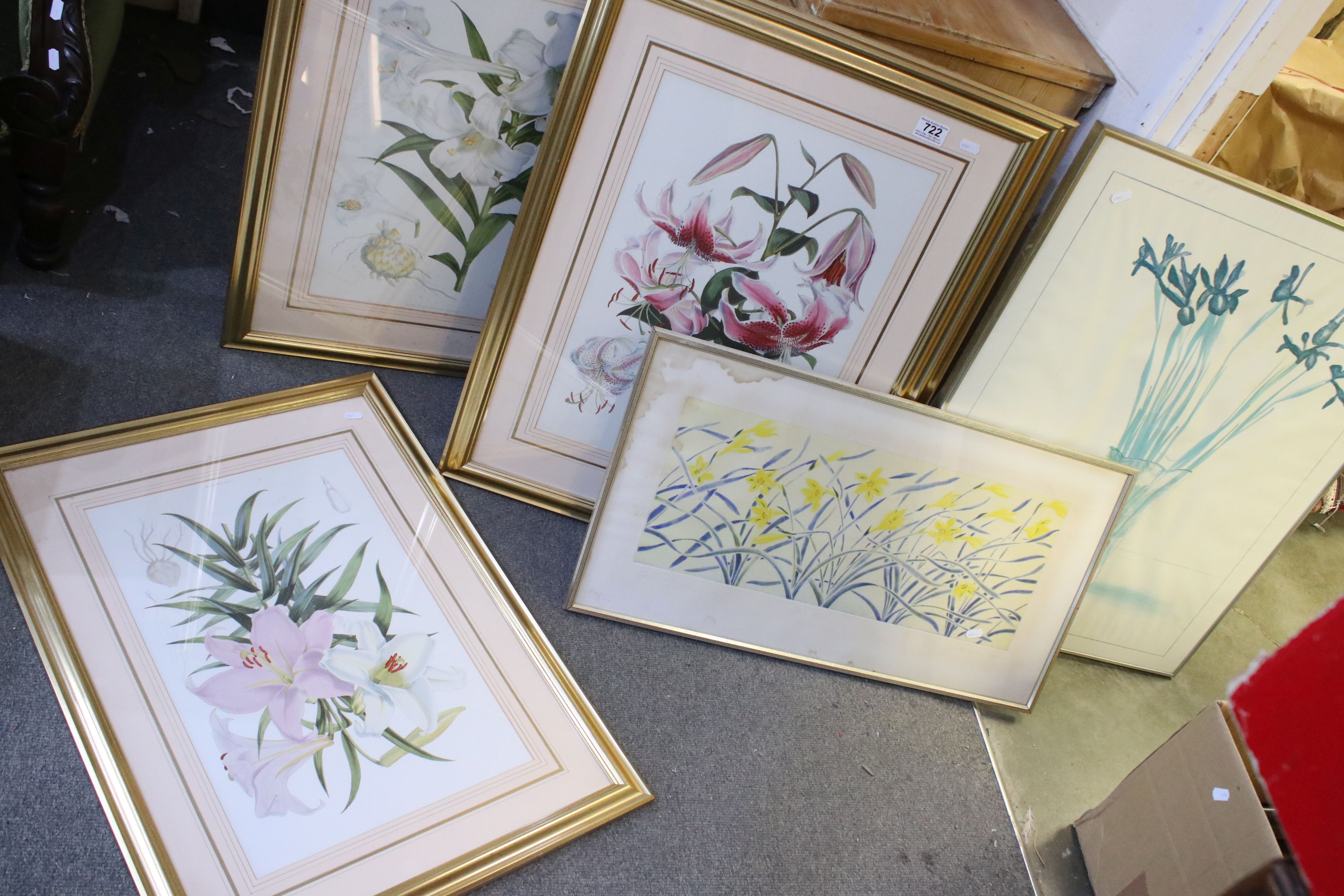 A set of four framed and glazed floral prints and two other similar.