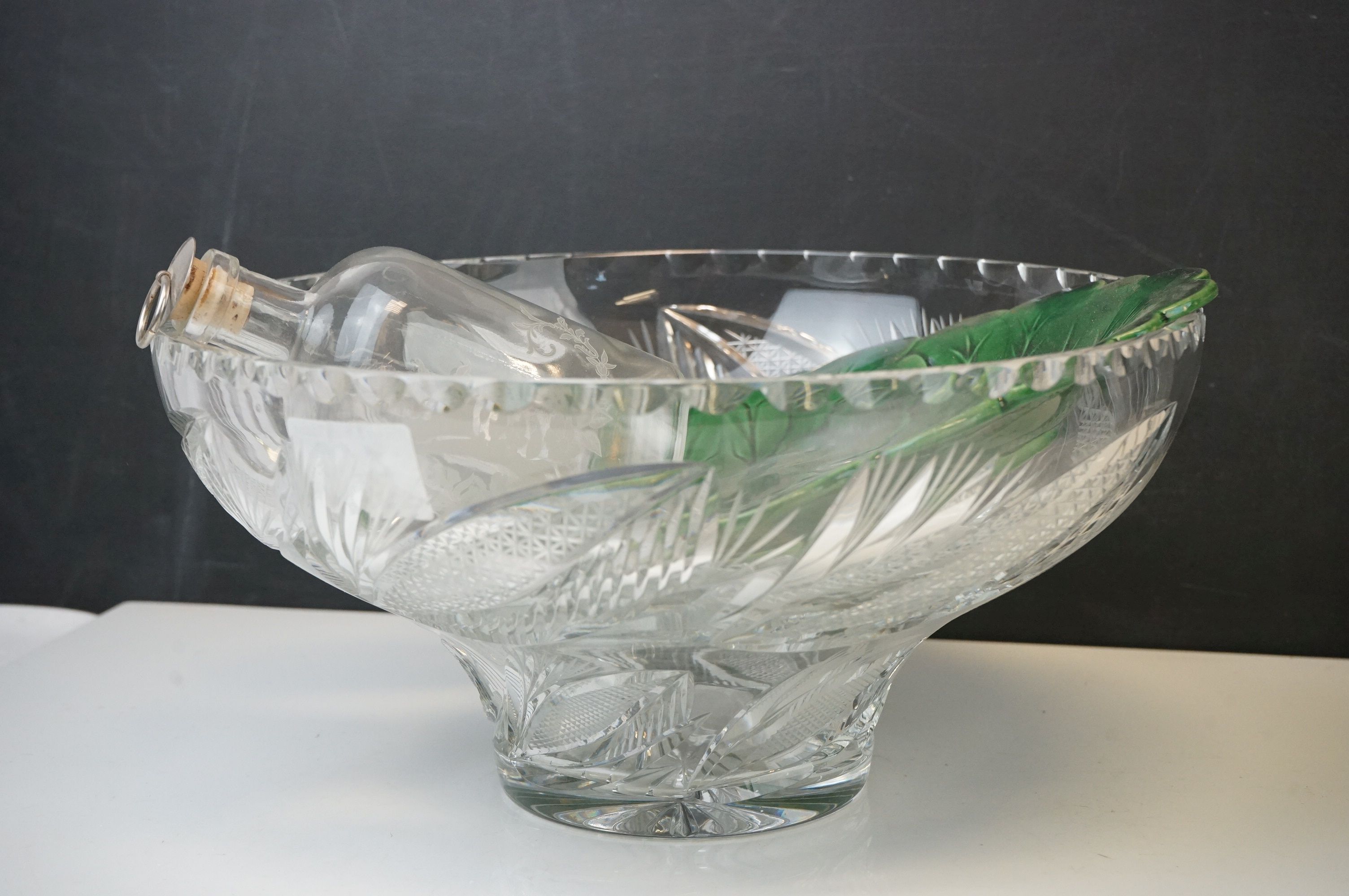 A cut glass fruit bowl an antique green leaf plate together with an etched glass bottle with - Image 14 of 14