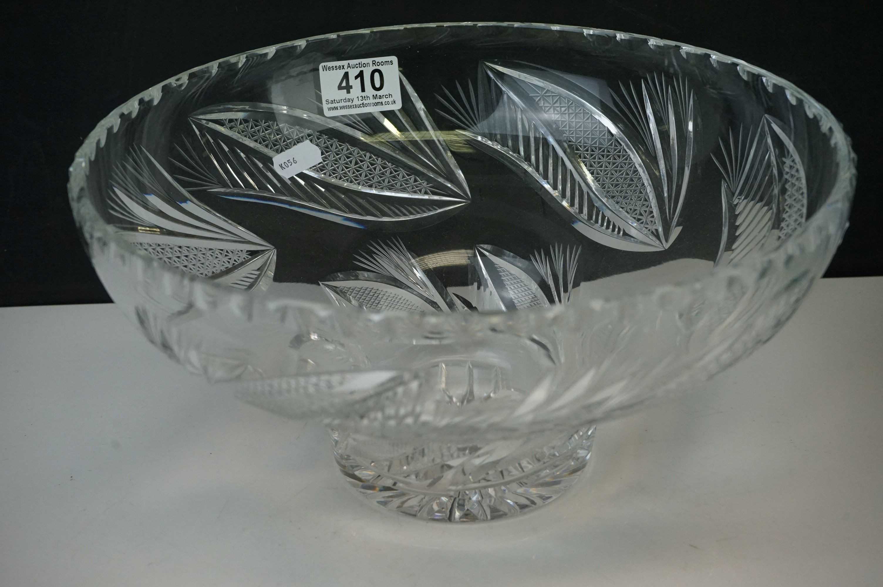 A cut glass fruit bowl an antique green leaf plate together with an etched glass bottle with - Image 6 of 14