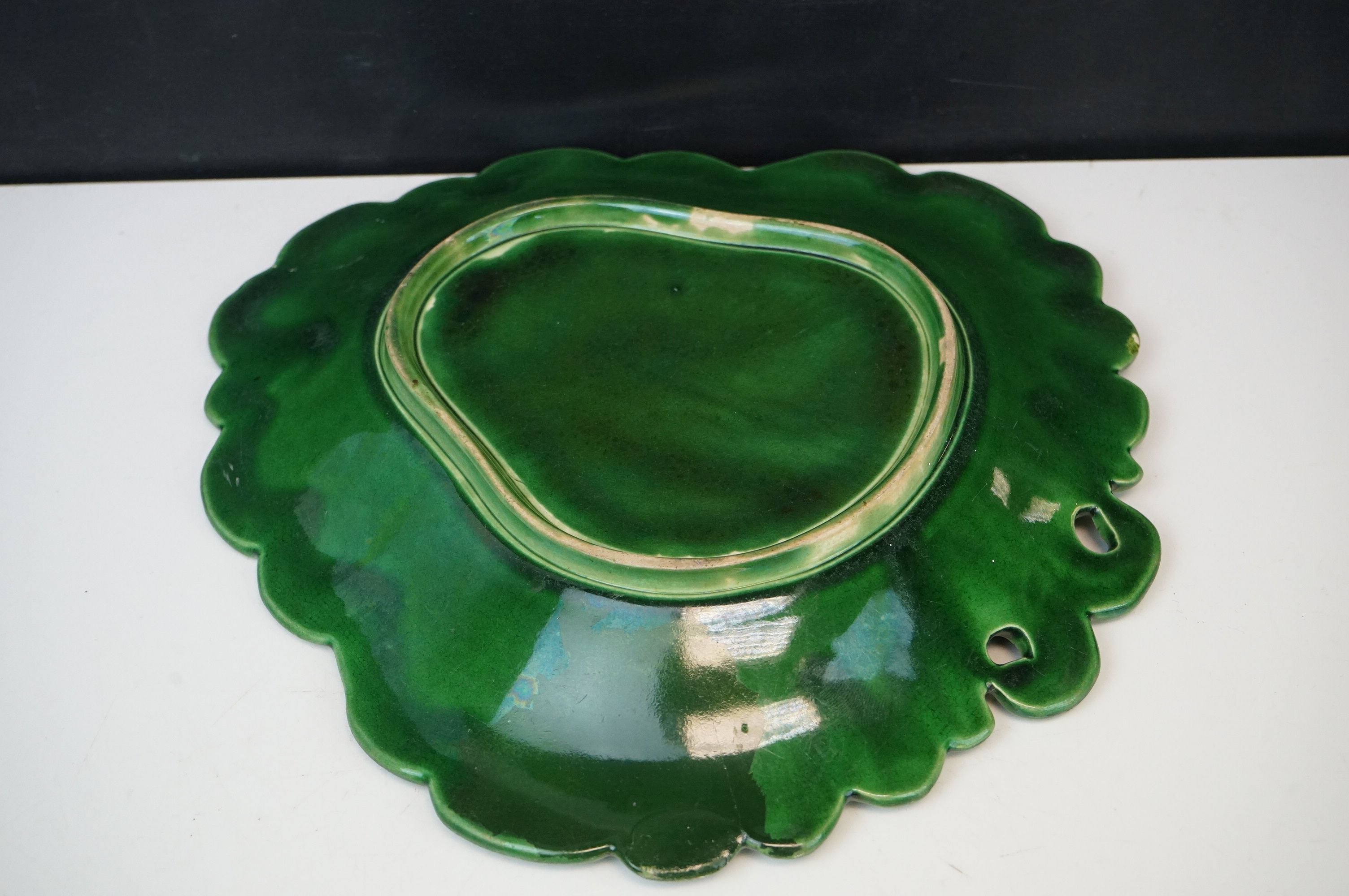 A cut glass fruit bowl an antique green leaf plate together with an etched glass bottle with - Image 12 of 14