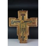 A reproduction icon style cross with printed decoration of the Crucifixion.