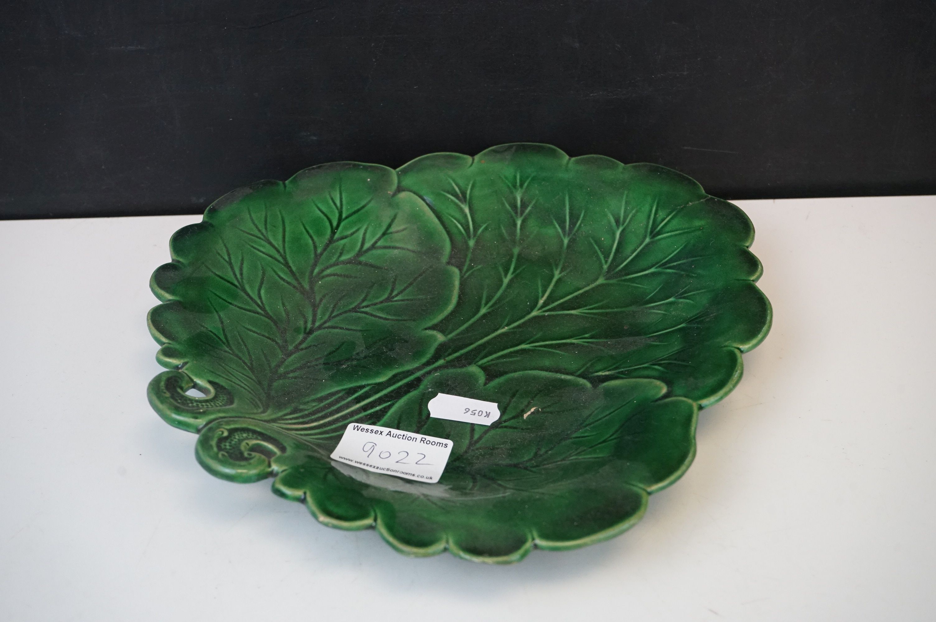 A cut glass fruit bowl an antique green leaf plate together with an etched glass bottle with - Image 9 of 14