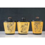 Three Oriental wood & bone snuff bottle decorated with erotic scenes
