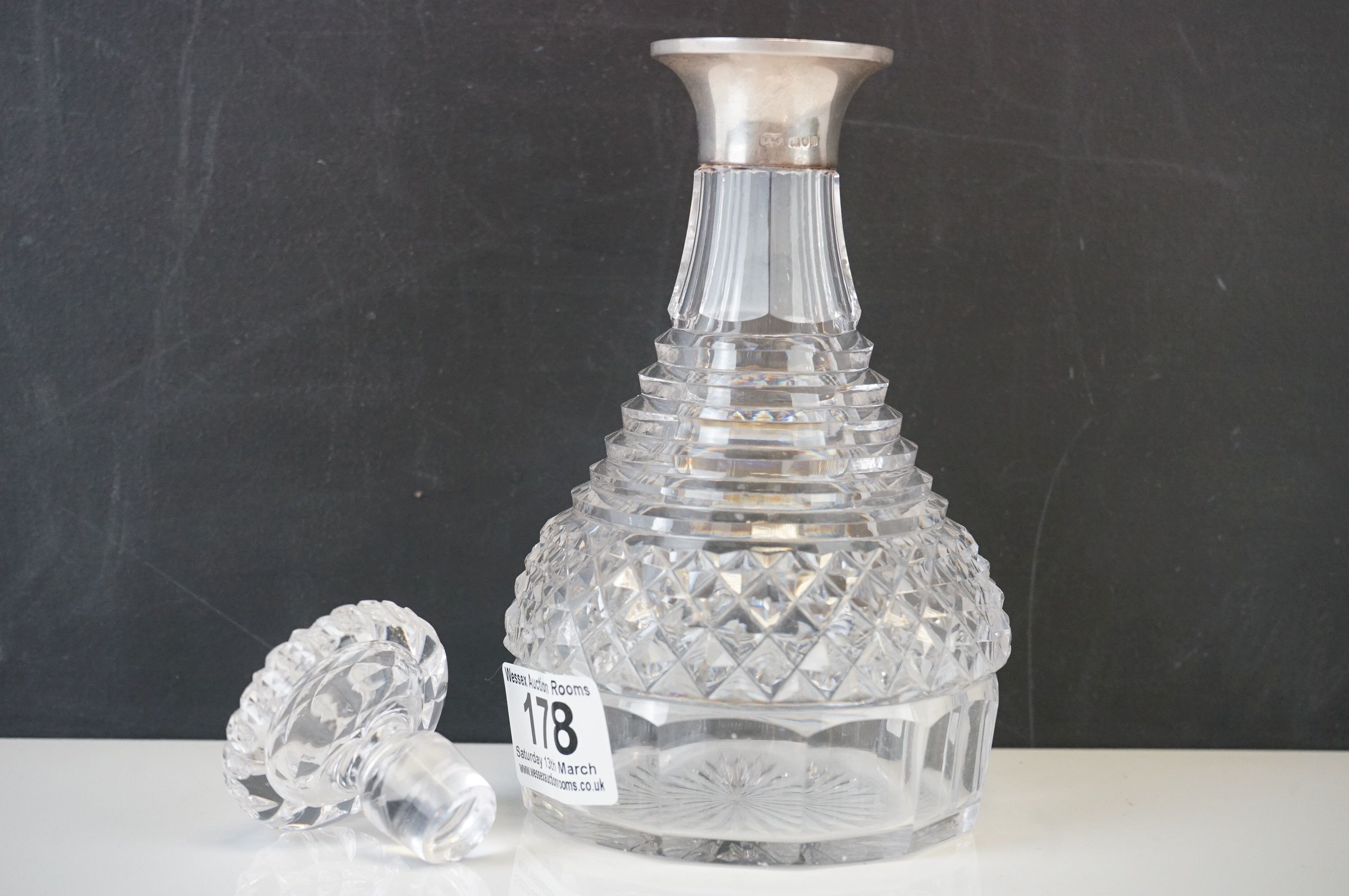 A large hob nail glass dressing table bottle silver collared London 1912. - Image 6 of 9