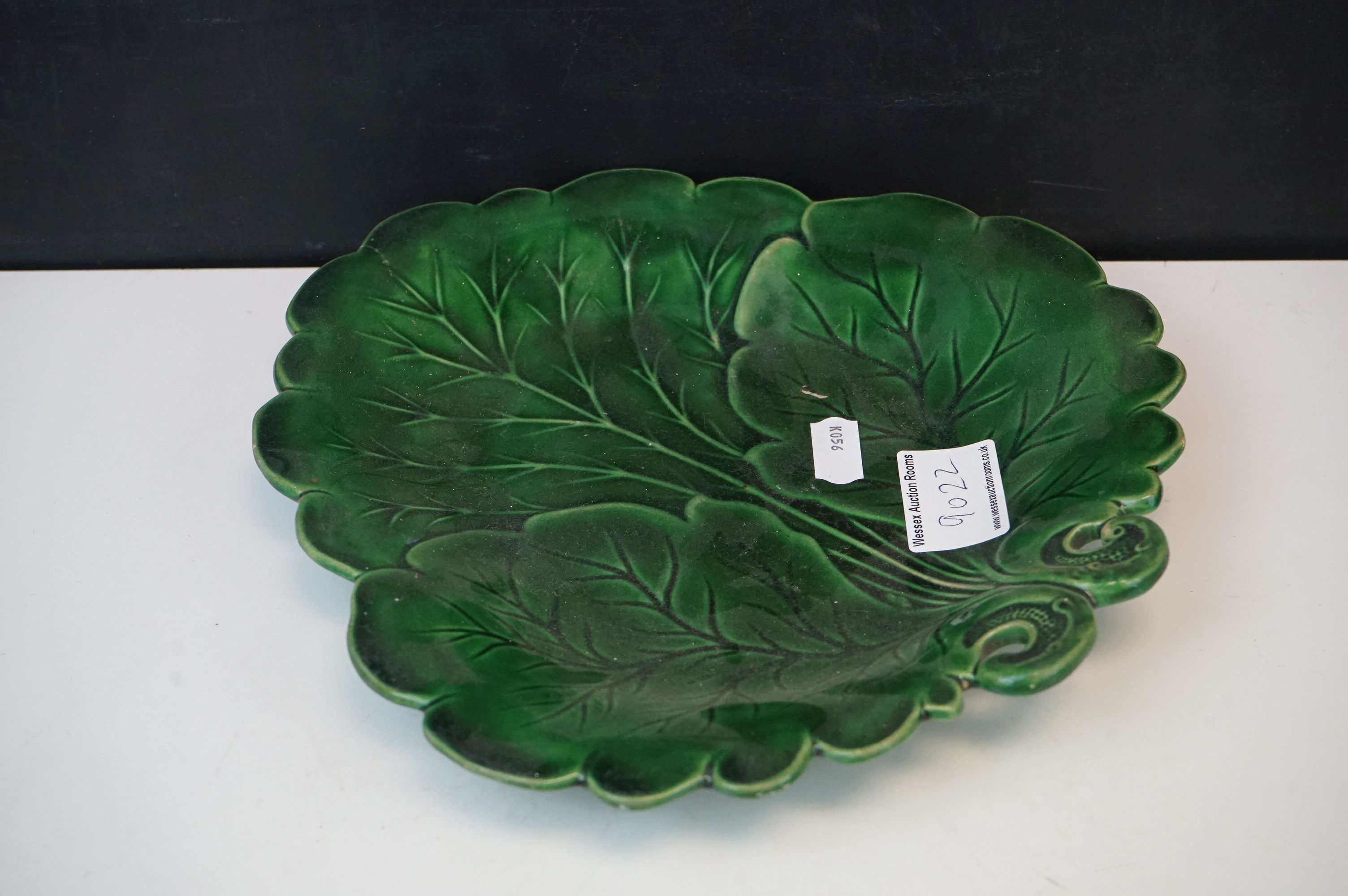 A cut glass fruit bowl an antique green leaf plate together with an etched glass bottle with - Image 10 of 14