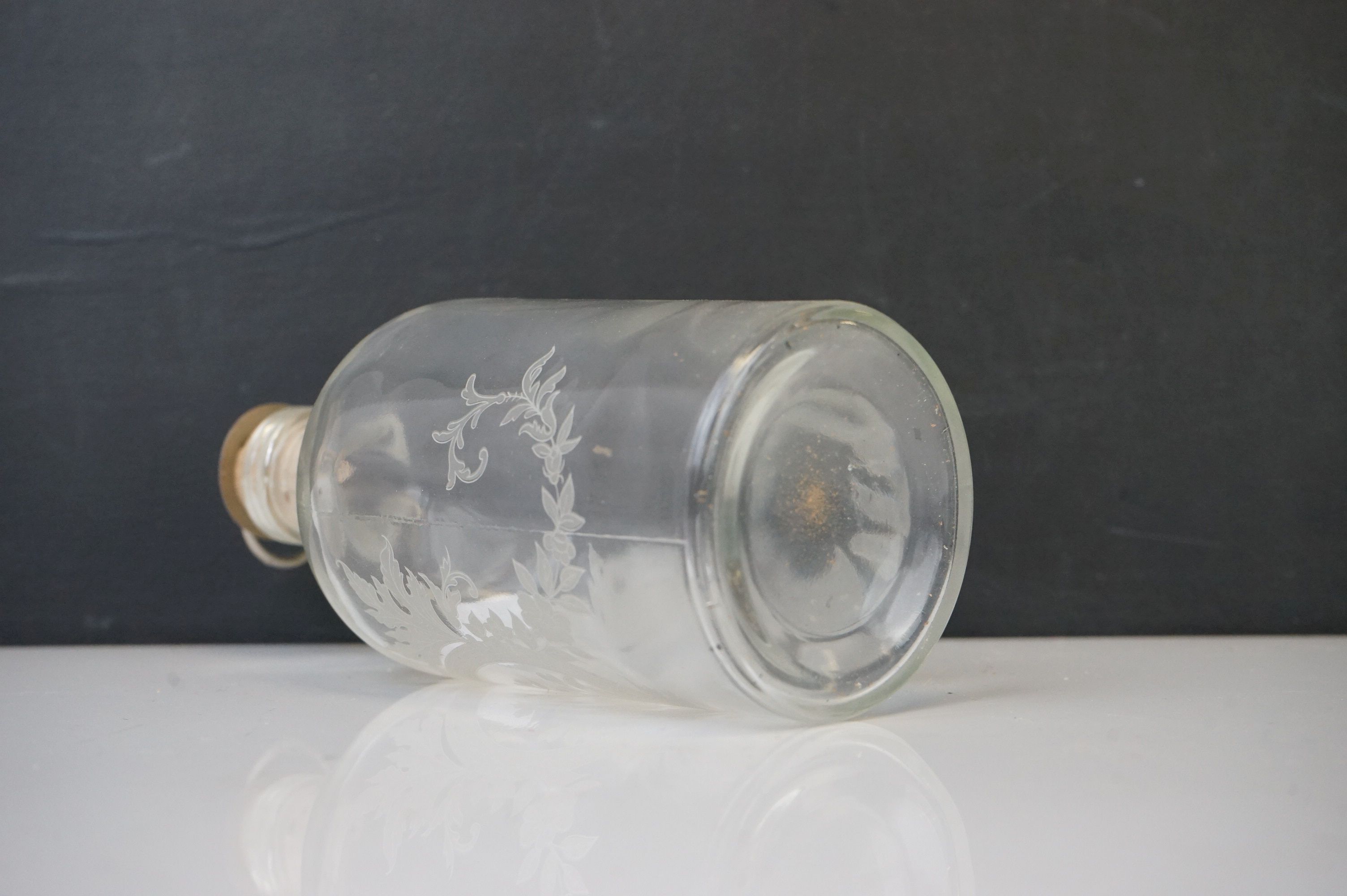 A cut glass fruit bowl an antique green leaf plate together with an etched glass bottle with - Image 4 of 14