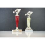 Two fishing trophies on marble bases