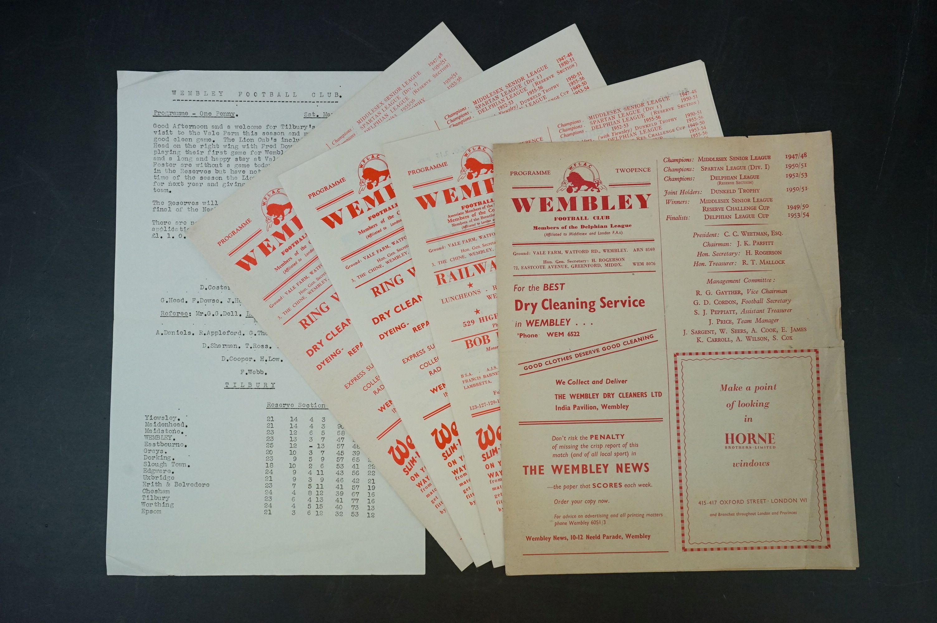 None League Football Programmes - Four 1950s Wembley home programmes to include Reserves v Slough