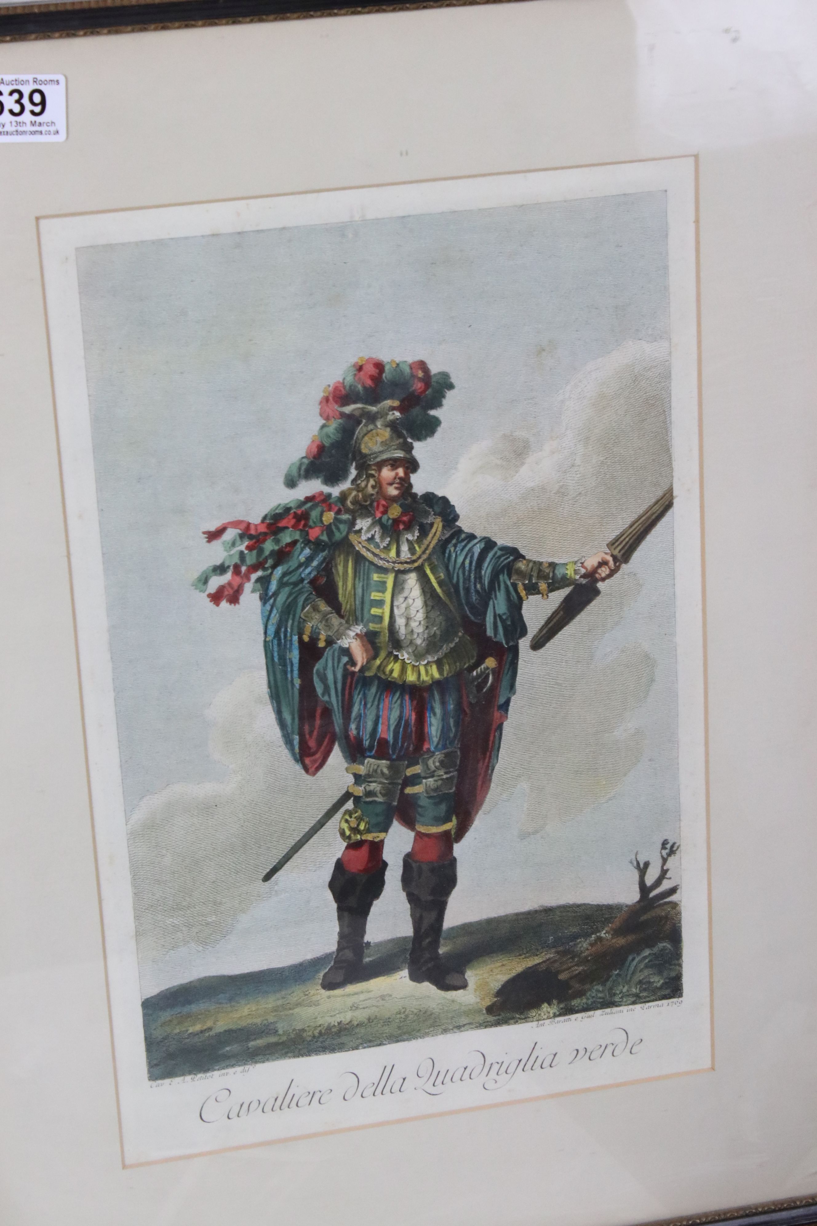 A pair of framed antique continental coloured engravings of 18th century Cavalier in costume. - Image 2 of 5