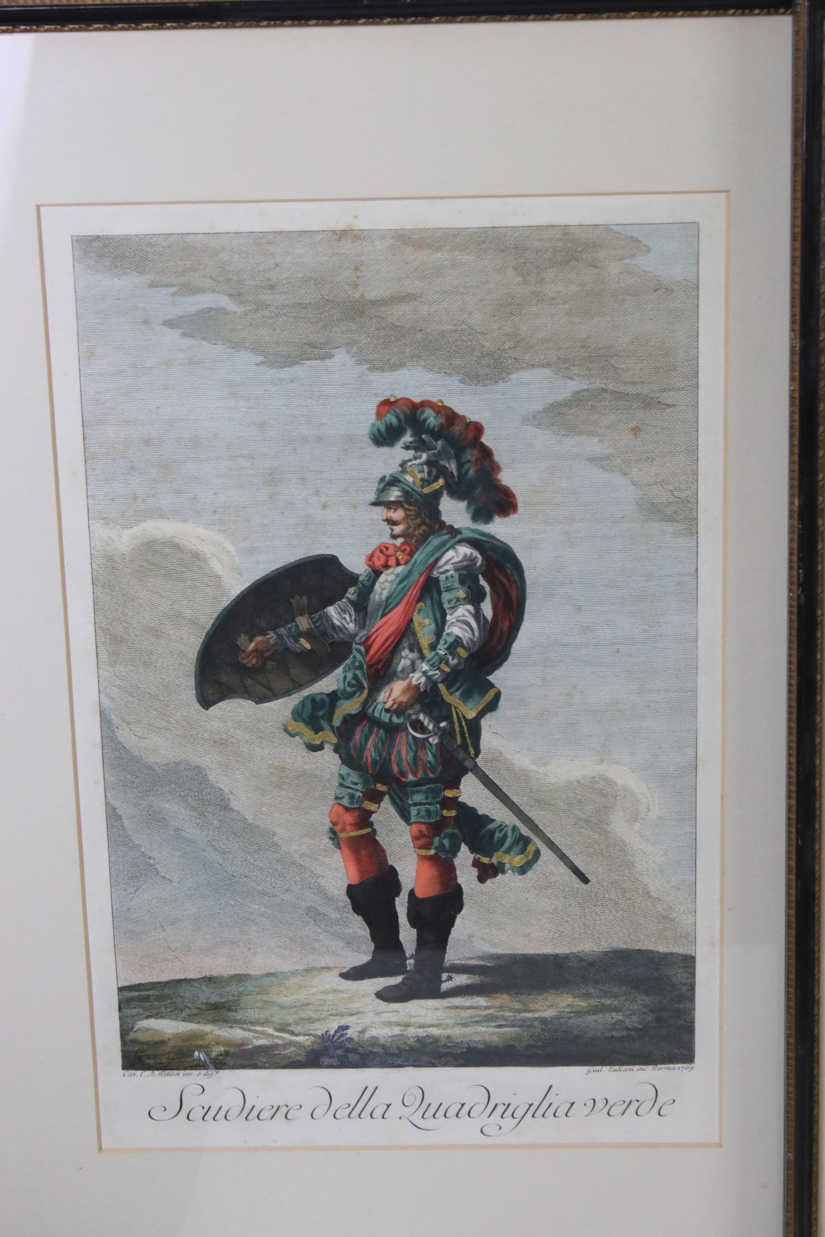 A pair of framed antique continental coloured engravings of 18th century Cavalier in costume. - Image 3 of 5
