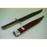 A vintage bowie knife by J.Rodgers with antler handle and leather scabbard, length is approx 37cm.