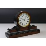 Early 20th century Mahogany Cased Mantle Clock with white enamel face and key, 17cms high